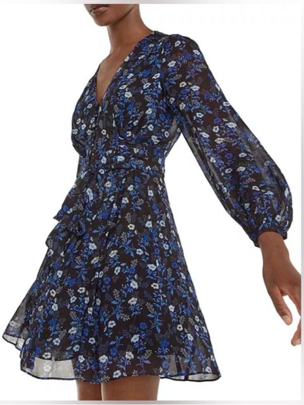 Kooples Floral Mini Dress Blue Poppy V Neck Wide Tie Waist lined